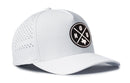 Introducing the Haka Hat Houston Performance 5-Panel Hat | HOU X Flexfit Snapback: a white performance cap by Haka Hat, featuring a round black and white logo with “HOU” and a Texas outline on the front panel. Designed for comfort, this hat includes small ventilation holes on the side and a Flexfit sweatband for a secure fit.