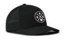Introducing the Haka Hat Houston Performance 5-Panel Hat | HOU X Flexfit Snapback, a black hat from Haka Hat featuring a circular logo with white “HOU” letters and a Texas silhouette. Designed for comfort, it comes equipped with a Flexfit sweatband and small ventilation holes on the side panel. This water-repellent performance hat is perfect for keeping you cool and dry.