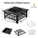 DirectDeals 32 Inch 3 in 1 Outdoor Square Fire Pit Table with BBQ Grill and Rain Cover for Camping features a mesh cover, grate, poker, fire bowl, and holds up to 22 lbs; includes detailed part dimensions.