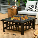A 32 Inch 3 in 1 Outdoor Square Fire Pit Table with BBQ Grill and Rain Cover for Camping by DirectDeals sits on a patio among modern furniture, its bright flames flickering, while a side table holds drinks close by.