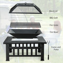 Exploded diagram of the DirectDeals 32 Inch 3 in 1 Outdoor Square Fire Pit Table with BBQ Grill and Rain Cover for Camping, showing labeled parts with a blurred picnic scene in the background.