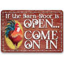 The Lone Star Art “If The Barn Door Is Open, Come On In - Metal Sign” features a colorful rooster on red wood with white text and a barbed wire border—perfect as a rustic country welcome sign.
