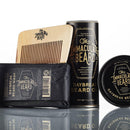 Introducing the Beard Grooming Gift Set by The Immaculate Beard—a deluxe beard care set including a comb, nourishing beard oil, beard wash, and a tin of rich beard balm. Each item is elegantly presented in striking black and gold packaging bearing the brand’s name, beautifully arranged on a white surface.