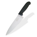 The SpitJack 8 Inch Chef Knife, featuring a sleek black handle and a gleaming stainless steel blade, is displayed against a white background with a subtle shadow to the right—a must-have from SpitJack to complete any kitchen knife set.