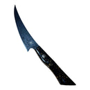 The Spaceman Knives Galaxy Series Boning Knife, featuring a dark, patterned handle with metal rivets, rests on light wood. Its long 10CR18MOV steel blade offers precision meat preparation and showcases a slightly textured finish.