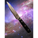 The Spaceman Knives Interstellar Utility Knife by Spaceman Knives, featuring a patterned blade and black handle, is displayed against a vibrant galaxy background with stars and swirling cosmic clouds.