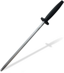 The SpitJack 8 Inch Chef Knife and 11 Inch Sharpening Hone Combo, featuring a metal honing rod with a black handle and guard, is displayed on a white background.