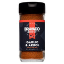 A 2.7 oz (net wt) clear spice jar of Bravado Spice Co Garlic & Árbol Seasoning, with a striking black and red label in bold white text, displays the reddish-brown seasoning inside—an ideal Tex-Mex blend from Bravado Spice Co for adding robust flavor to your favorite dishes.