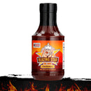 A bottle of Blazing Star BBQ Original Sauce from Blazing Star BBQ, featuring a cartoon pig chef on the label above a row of illustrated flames on a white background, embodies the essence of balanced barbecue with its rich, multicultural flavor.