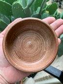 A hand holds The Immaculate Beard Shave Bowl, a small, round, brown handmade bowl with a textured spiral pattern. In the softly blurred background, green cactus pads dotted with spines set the scene for creating a rich moisturizing lather with your preferred shave soap puck.