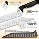 Close-up of the SpitJack BRSKT 2.0S Brisket Slicing Knife featuring a Granton edge, non-slip thermoplastic handle, premium steel blade, and a custom form-fitted storage sheath.