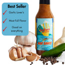 A bottle of Culture Hot Sauce Bar Sauce by Culture Hot Sauce is displayed alongside garlic bulbs, a jalapeño, black peppercorns, and salt. A text box highlights: “Best Seller: Garlic Lover’s, Most Full Flavor, Good on everything.” This bold garlic sauce serves as the ultimate flavor enhancer, providing a tangy umami seasoning that elevates any dish.