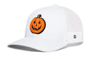 Haka Hat Jack-O-Lantern Trucker Hat, a white trucker hat with a mesh back and an embroidered orange jack-o-lantern patch on the front, perfect as a Halloween hat.