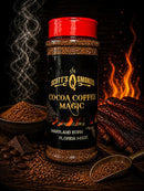 A jar of Scott’s Smoked Q Cocoa Coffee Magic Dry Rub for Brisket, Steak and BBQ is displayed alongside coffee grounds, chocolate pieces, smoked meat, and a fiery background, evoking a smoky and warm atmosphere.