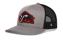 Introducing the Haka Hat JBR x Haka Red Bison | Buffalo Snapback by Haka Hat. This trucker hat features a gray brim and black mesh back panel, highlighted by a bold buffalo logo in striking red with white outline, embroidered in 3D on the front. Finished with an adjustable snapback closure for the perfect fit.