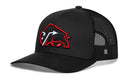 Introducing the Haka Hat JBR x Haka Red Bison | Buffalo Snapback by Haka Hat: a classic black mesh trucker hat featuring a striking red and white stylized buffalo 3D embroidery logo on the front panel. Viewed from a slight angle, this snapback blends comfort with bold, distinctive style.
