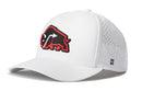 Introducing the Haka Hat JBR x Haka Red Bison Performance 5-Panel Hat | Buffalo Flexfit Snapback—a white Haka Hat baseball cap featuring a perforated back and a red-and-black stylized bison logo on the front. With its signature Performance 5-Panel Hat design, it also sports a small “H” logo on the side of the brim for an extra touch of style.