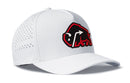 Introducing the Haka Hat JBR x Haka Red Bison Performance 5-Panel Hat—a white Buffalo Flexfit Snapback by Haka Hat, featuring perforated side panels and a red, black, and white buffalo logo on the front.