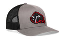 Introducing the Haka Hat JBR x Haka Red Bison Buffalo Snapback by Haka Hat—a gray and black mesh trucker cap featuring a striking 3D embroidered red and black buffalo logo on the front panel.