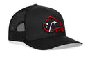 Introducing the Haka Hat JBR x Haka Red Bison Buffalo Snapback by Haka Hat—a classic black trucker hat featuring a mesh back and a bold 3D buffalo embroidery outline in vibrant red and white on the front. This stylish snapback delivers both comfort and flair, perfect for any adventure.