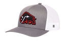 Introducing the Haka Hat JBR x Haka Red Bison Buffalo Snapback by Haka Hat—this trucker snapback features a gray front panel and brim, complemented by a white mesh back. The front showcases premium 3D embroidery of the striking red and black Haka Red Bison Buffalo logo.