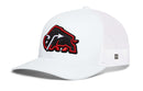 The Haka Hat JBR x Haka Red Bison Buffalo Snapback by Haka Hat is a white mesh trucker hat featuring premium 3D embroidery with a red and black stylized buffalo logo on the front and a small square patch with a geometric design on the side. This snapback effortlessly combines modern style and classic comfort.