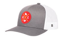 Introducing the Haka Hat Kansas City Trucker Hat | Black KC X Football Snapback by Haka Hat — a gray and white trucker hat featuring a bold red circular patch with the outline of Missouri, KC initials, and a football icon. The back is made from breathable white mesh for comfortable all-day wear.