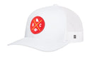 Haka Hat Kansas City Trucker Hat | Black KC X Football Snapback by Haka Hat: A white mesh trucker cap featuring a bold red patch on the front with a map outline, “KC” letters, and a football icon. This hat also includes a small black and white branded tag on the side.