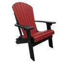 The Kanyon Living Kanyon Poly Folding Adirondack Chair in Red and Black features a slatted backrest, contoured seat, and black armrests and legs. Amish-crafted from recycled poly lumber, it's shown on a plain white background.