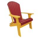 The Kanyon Poly Folding Adirondack Chair by Kanyon Living features a red seat and back with yellow armrests and legs—crafted from recycled poly lumber and shown against a white background for stylish outdoor seating.