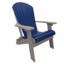 The Kanyon Living Kanyon Poly Folding Adirondack Chair in Blue and Light Grey is made from recycled poly lumber with a slatted back, wide armrests, and angled legs—durable outdoor furniture. Isolated on a white background.