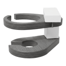 The Kanyon Living Poly Cupholder in Deluxe Driftwood Grey and White features a U-shaped recycled poly design with a circular cutout and white clamp, providing convenient outdoor drink storage for any table or desk.