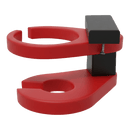 The Kanyon Living Poly Cupholder in red and black features two circular openings and a rectangular hinge, ideal for securing drinks or other cylindrical items outdoors. Made from recycled materials for durability and style.