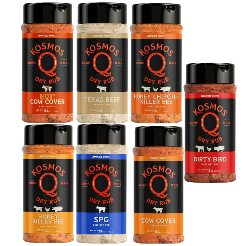Kosmos Q 7 Rub Combo Shaker Gift Bundle with Dirty Bird, Cow Cover, SPG, Killer Bee, Spicy Killer Bee, Texas Beef, and Cow Cover HOT – DDR BBQ Supply