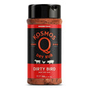 A container of Kosmos Q Dirty Bird meat dry rub, with its black lid, red label, award mention, animal icons, and clear 11 oz weight display, is a standout component in the DDR BBQ Supply Top 10 Store-Bought BBQ Chicken Rubs Variety Pack—making it an essential pick for championship chicken seasonings and mouthwatering BBQ chicken rubs.