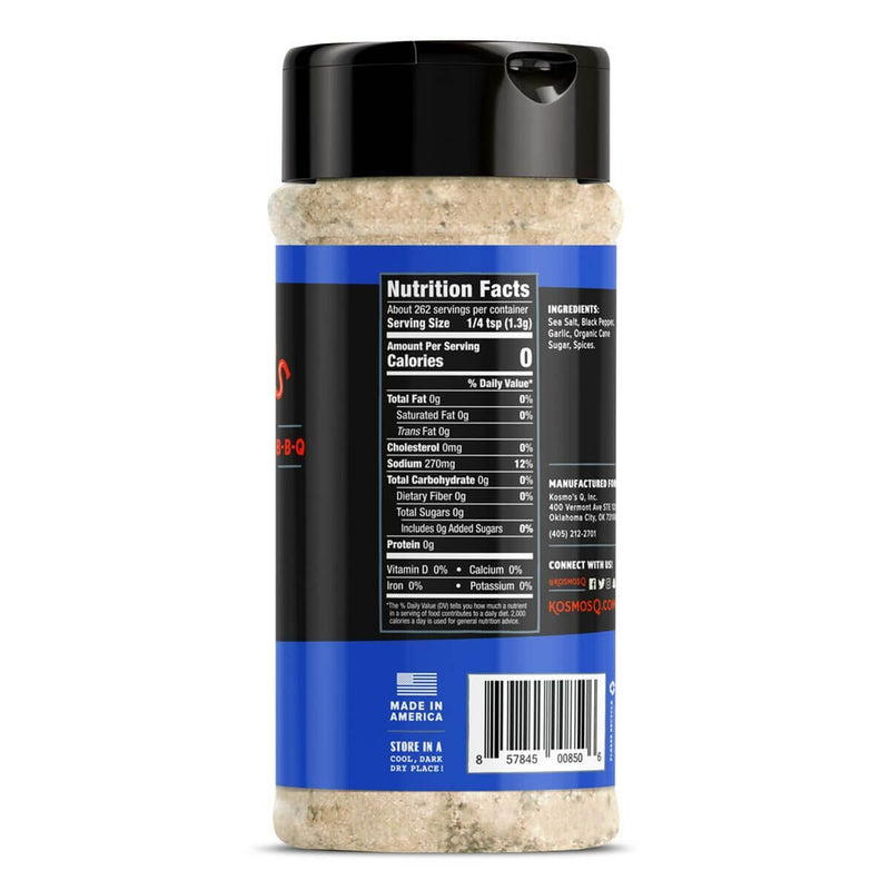 Kosmos Q SPG Rub from DDR BBQ Supply – all-purpose salt, pepper, and garlic BBQ rub with organic cane sugar for meat, seafood, and vegetables