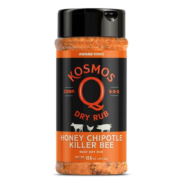 Kosmos Q Spicy Killer Bee Chipotle Honey Rub – sweet honey and smoky chipotle heat for chicken, pork, ribs, and brisket
