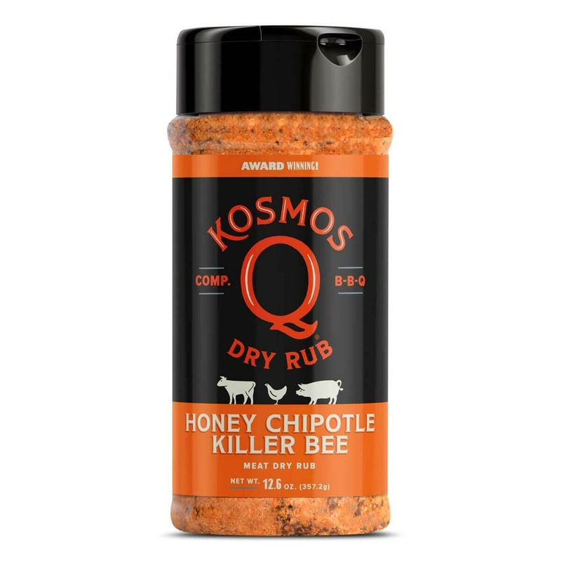 Kosmos Q Spicy Killer Bee Chipotle Honey Rub – sweet honey and smoky chipotle heat for chicken, pork, ribs, and brisket