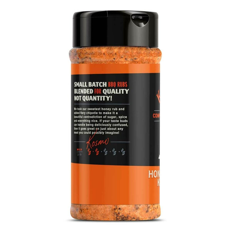 Kosmos Q Spicy Killer Bee Chipotle Honey Rub – sweet honey and smoky chipotle heat for chicken, pork, ribs, and brisket