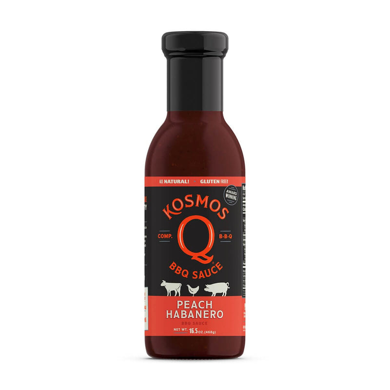 Kosmos Q Peach Habanero BBQ Sauce blends juicy peach sweetness with mild habanero heat—perfect for ribs, chicken, pork, and more.