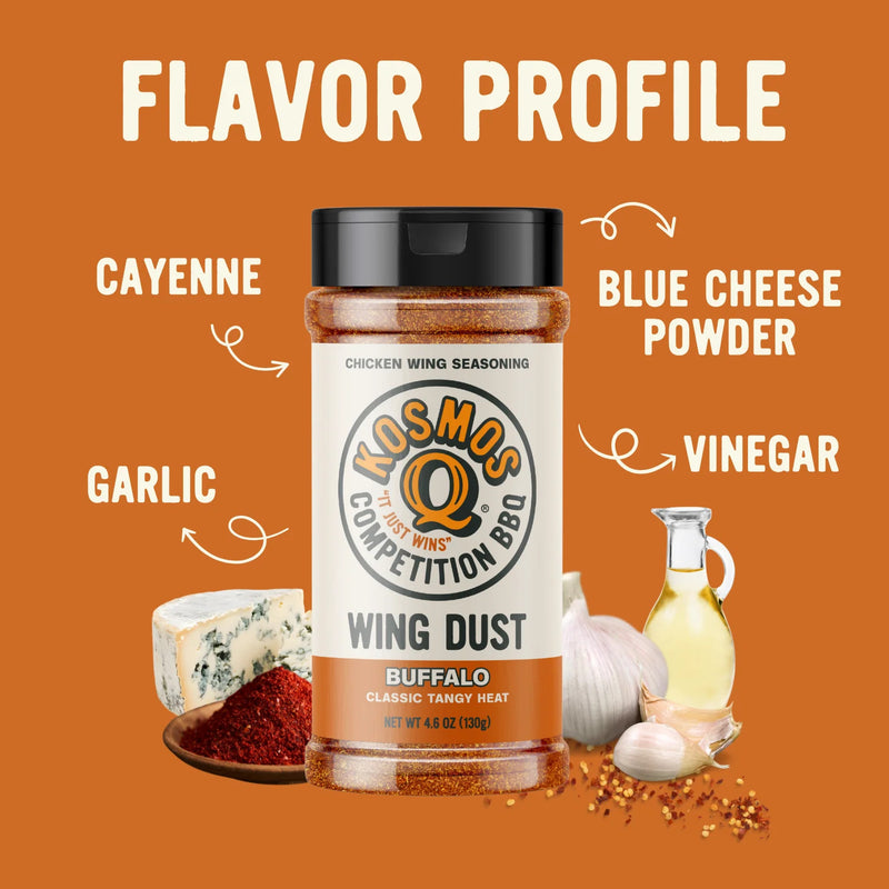 Kosmos Q Buffalo Wing Seasoning gives you classic buffalo flavor without the mess perfect for wings, tenders, fries, popcorn, and veggies. 