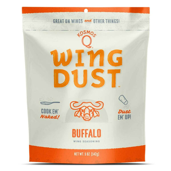 Kosmos Q Buffalo Wing Seasoning gives you classic buffalo flavor without the mess—perfect for wings, tenders, fries, popcorn, and veggies. 5 oz bag seasons 12–15 lbs.