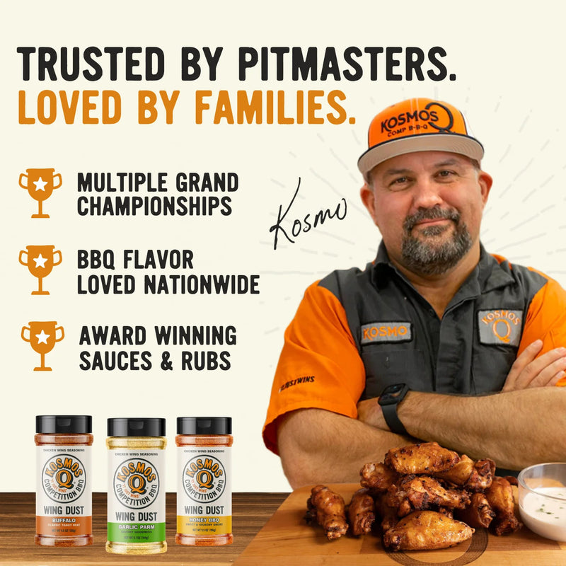 Kosmos Q Buffalo Wing Seasoning gives you classic buffalo flavor without the mess perfect for wings, tenders, fries, popcorn, and veggies. 