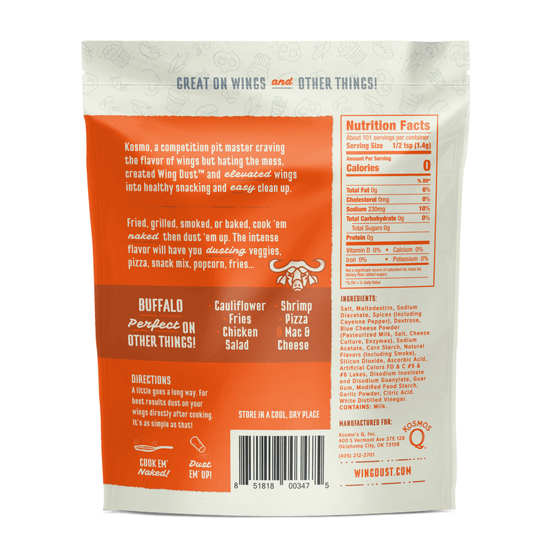 Kosmos Q Buffalo Wing Seasoning gives you classic buffalo flavor without the mess—perfect for wings, tenders, fries, popcorn, and veggies. 5 oz bag seasons 12–15 lbs.