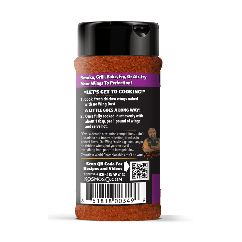 Kosmos Q Kickin' Cajun Wing Seasoning 4.2 oz shaker from DDR BBQ Supply – Cajun dry wing dust seasons 12–15 lbs