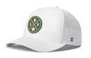 Introducing the Haka Hat Las Vegas Baseball Performance 5-Panel Hat | LV X Flexfit Snapback—a white baseball hat from Haka Hat featuring a round green and yellow logo with LV, a star, and a baseball on the front. This water-repellent snapback includes side ventilation holes for breathability and is finished with a stitched H logo near the brim for added style.