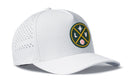 Introducing the Haka Hat Las Vegas Baseball Performance 5-Panel Hat | LV X Flexfit Snapback—a white cap featuring a distinctive round patch in green, yellow, and black with crossed bats, a star, the letters L and V, and a small baseball. The hat is designed with small side ventilation holes for breathability and a Flexfit sweatband to provide all-day comfort.