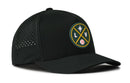 The Haka Hat Las Vegas Baseball Performance 5-Panel Hat | LV X Flexfit Snapback is a black baseball cap featuring ventilation holes on the side and a circular, multicolor patch on the front displaying the letters L and V, a baseball, a bat, and a star. Crafted with water-repellent fabric and finished with an ultra-comfortable Flexfit sweatband for all-day wear.