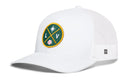 The Haka Hat Las Vegas Baseball Trucker Hat | LV X Snapback features a white mesh snapback design with structured front panels and a curved brim. It is adorned with a green and gold circular LV X embroidered patch, showcasing a star, L and V letters, and a small baseball icon.