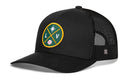 Introducing the Haka Hat Las Vegas Baseball Trucker Hat | LV X Snapback—a black snapback trucker hat by Haka Hat featuring a mesh back and a round, colorful embroidered patch on the front. The patch showcases “LV,” a baseball, and a star within a crossed bats design in green and gold—ideal for any Las Vegas Baseball Trucker Hat fan.